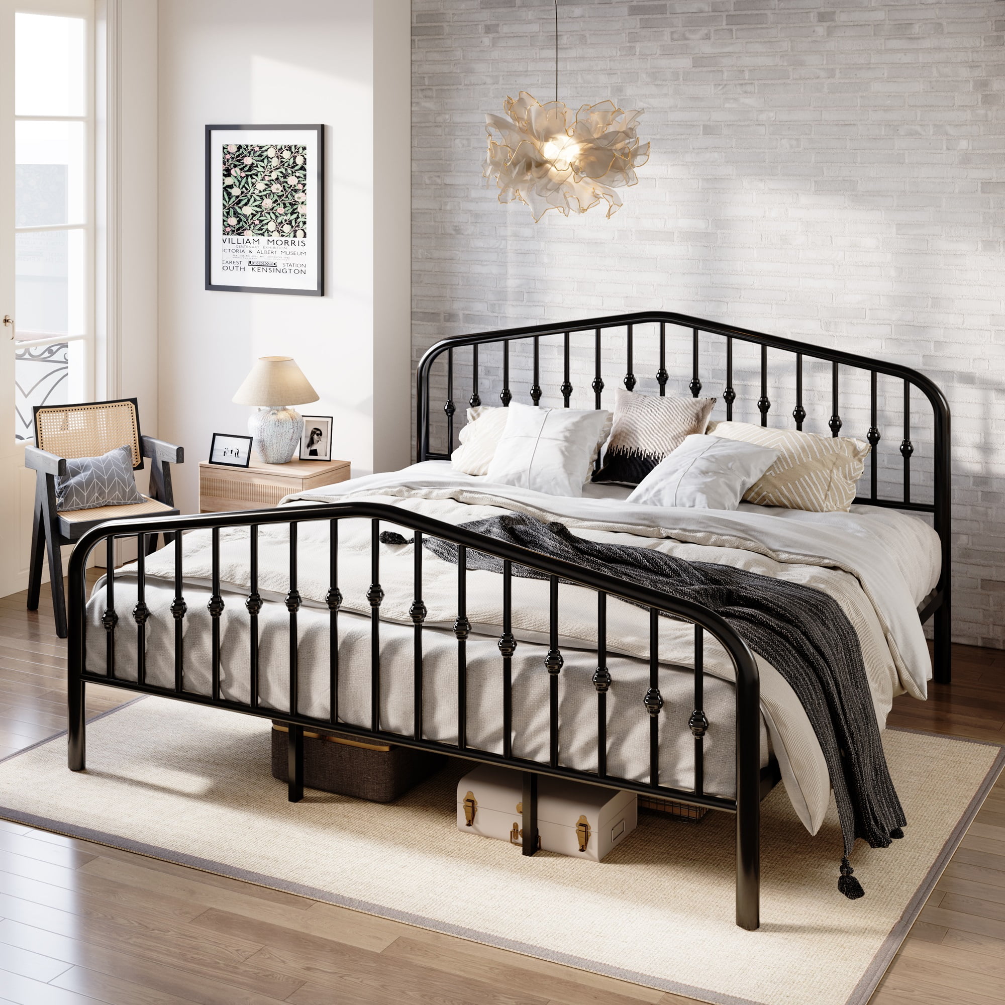 King Size Black Metal Bed Frame with Victorian Style Headboard