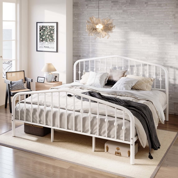 Amolife King Size Metal Platform Bed Frame with Victorian Vintage Headboard & Footboard, White