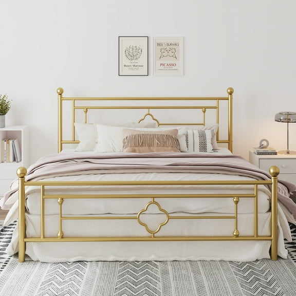 Amolife King Size Metal Platform Bed Frame with Vintage Cross Pattern Headboard&Footboard, Gold