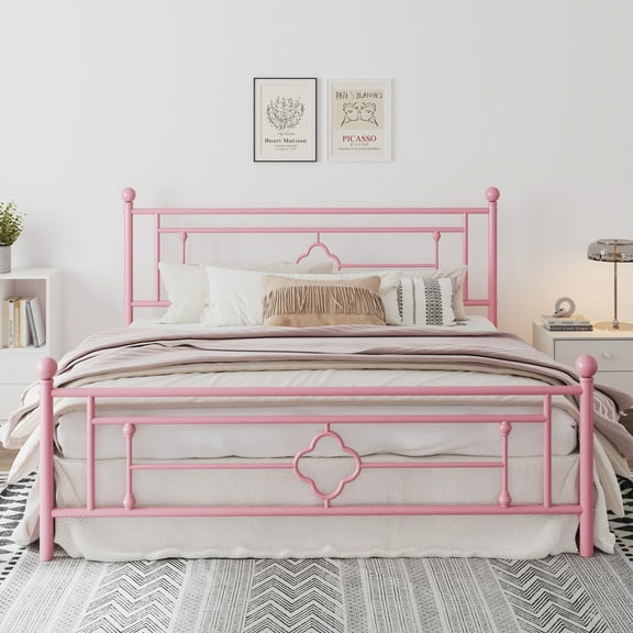 Amolife King Size Metal Platform Bed Frame with Vintage Cross Pattern Headboard&Footboard, Pink
