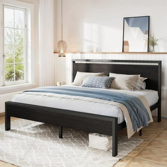 Amolife King Size Bed Frame, Heavy Duty Metal Platform Bed with Wooden Headboard & Footboard, Black Oak, Adult