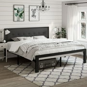 Amolife King Size Metal Platform Bed with Upholstered Button Tufted Headboard and 16 Strong Steel Slats, Dark Grey