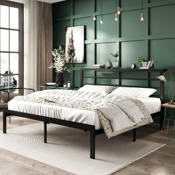 Amolife King Size Metal Platform Vintage Bed Frame with Storage Headboard Shelf, Black Oak