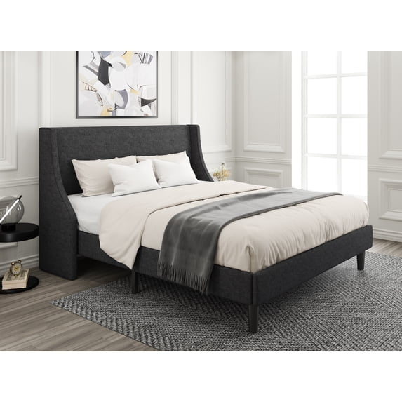 Amolife Queen Size Modern Platform Upholstered Bed Frame with Deluxe Wingback, Light Grey