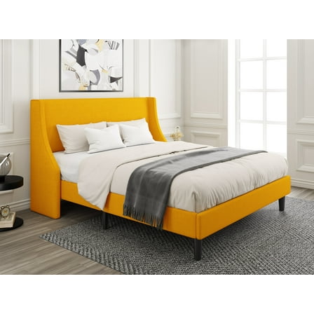 Amolife King Size Modern Platform Upholstered Bed Frame with Deluxe Wingback, Yellow