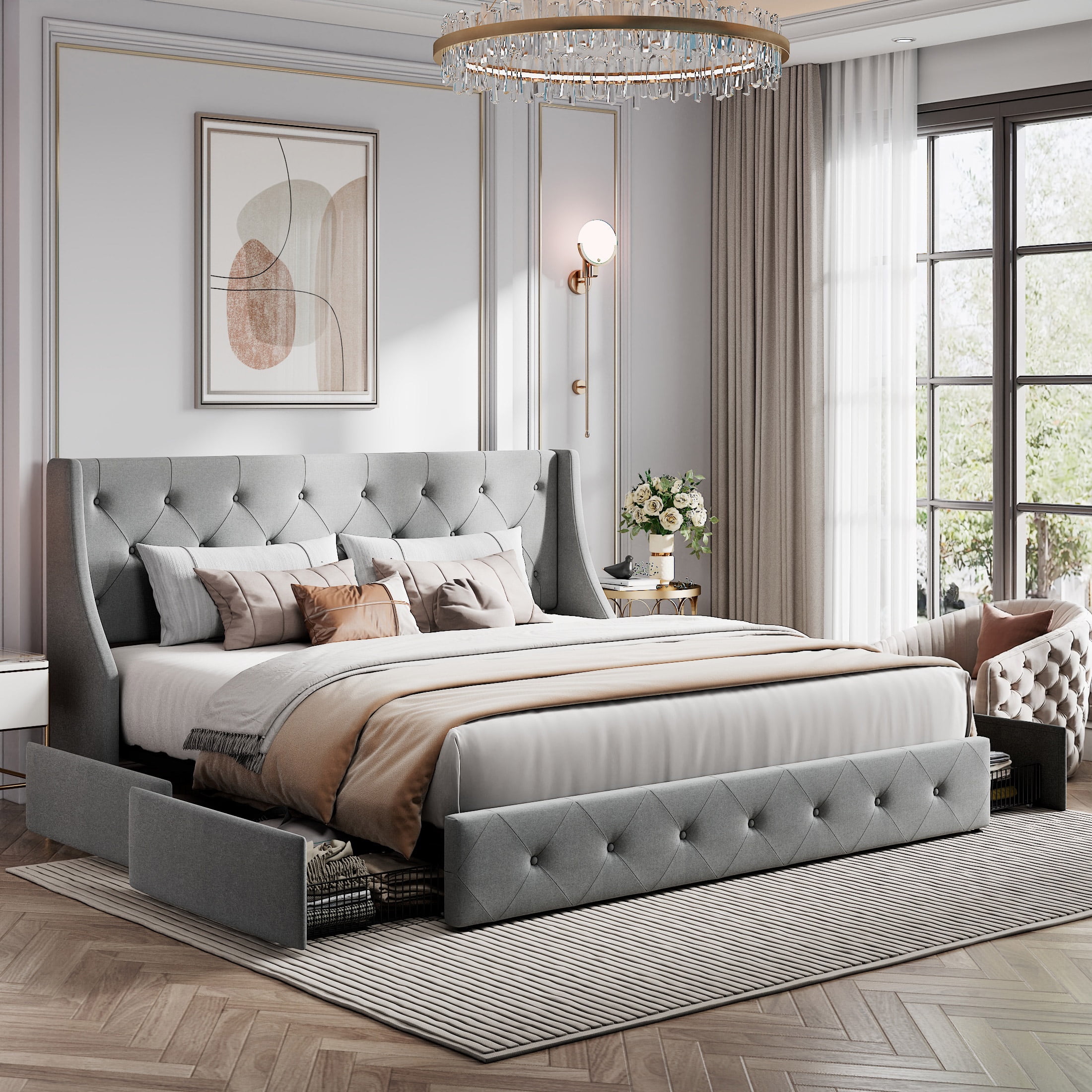 Amolife Upholstered King Size Bed Frame with Storage Drawers, Button