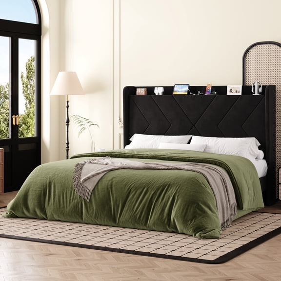 Amolife King Size Platform Bed Frame with 4-in-1 Charging Station & Storage Shelf, Upholstered Velvet Wingback Headboard, Black