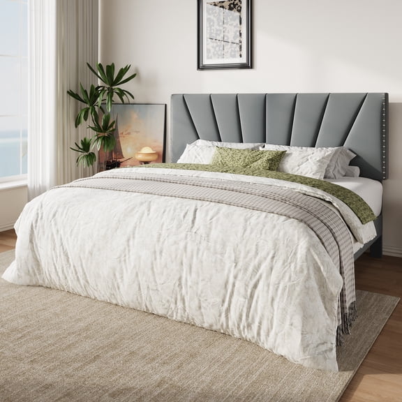 Amolife King Size Platform Bed Frame with Adjustable Velvet Upholstered Headboard, Gray