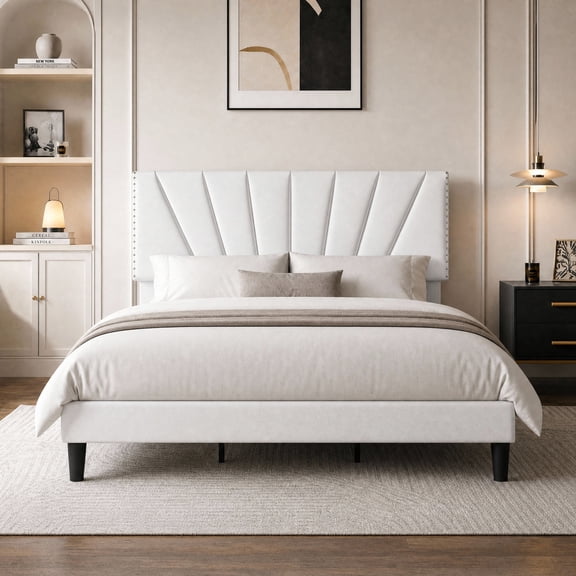 Amolife King Size Platform Bed Frame with Adjustable Velvet Upholstered Headboard, White