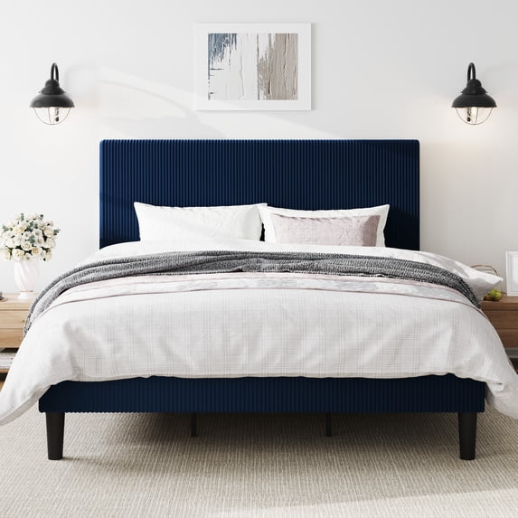 Amolife King Size Platform Bed Frame with Corduroy Fabric Upholstered Adjustable Height Headboard, Dark Blue