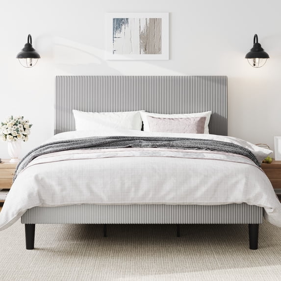 Amolife King Size Platform Bed Frame with Corduroy Fabric Upholstered Adjustable Height Headboard, Light Grey