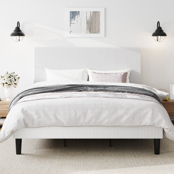 Amolife King Size Platform Bed Frame with Corduroy Fabric Upholstered Adjustable Height Headboard, Off-White