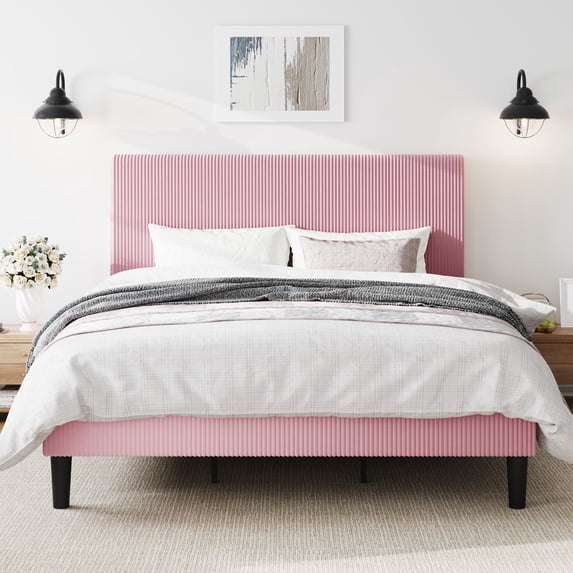 Amolife King Size Platform Bed Frame with Corduroy Fabric Upholstered Adjustable Height Headboard, Pink