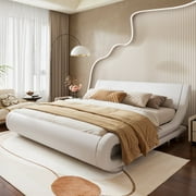 Amolife King Size Platform Bed Frame with Curved Adjustable Headboard, Faux Leather, White
