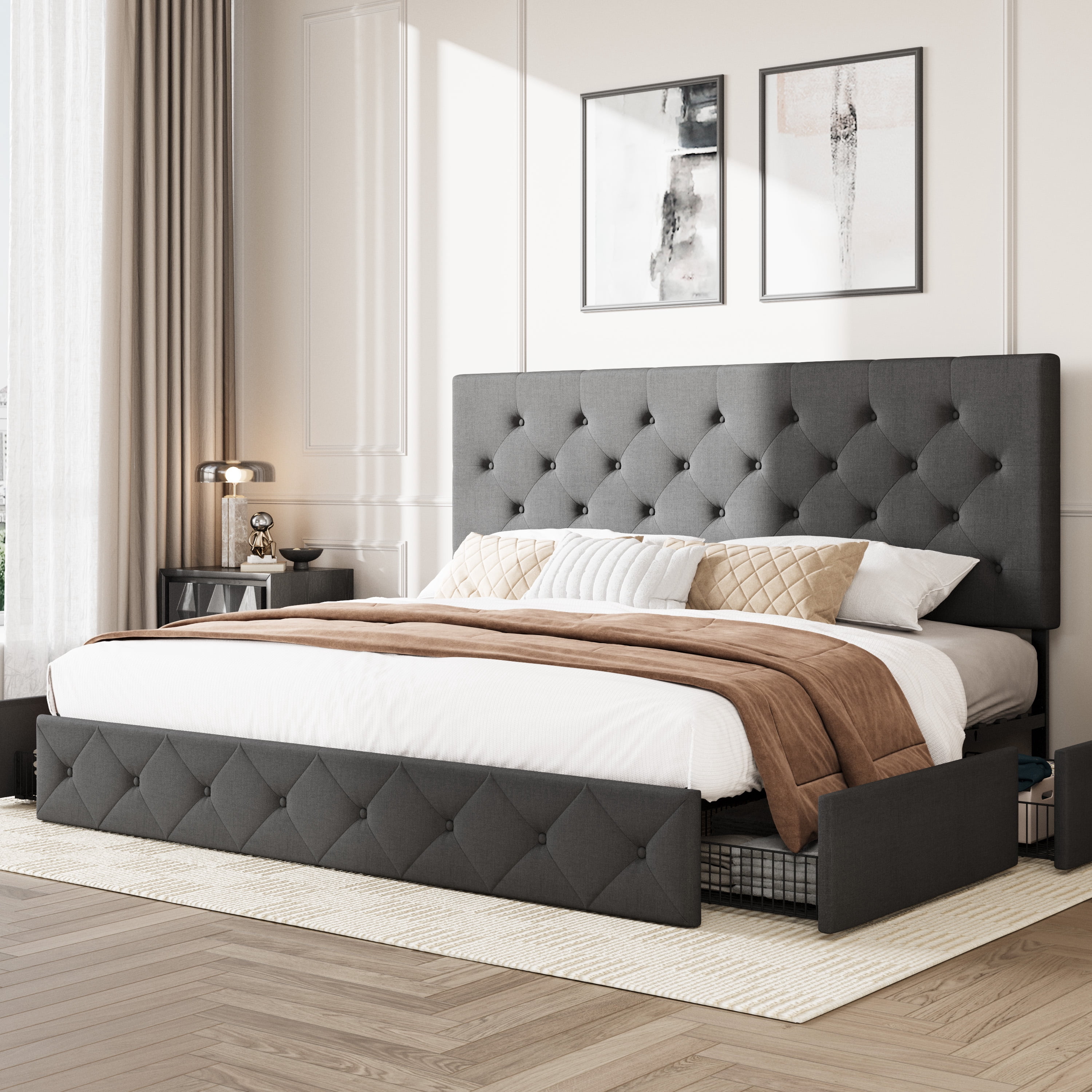 Amolife King Size Platform Bed Frame with Diamond-stitched Headboard and 4 Drawers, Dark Gray