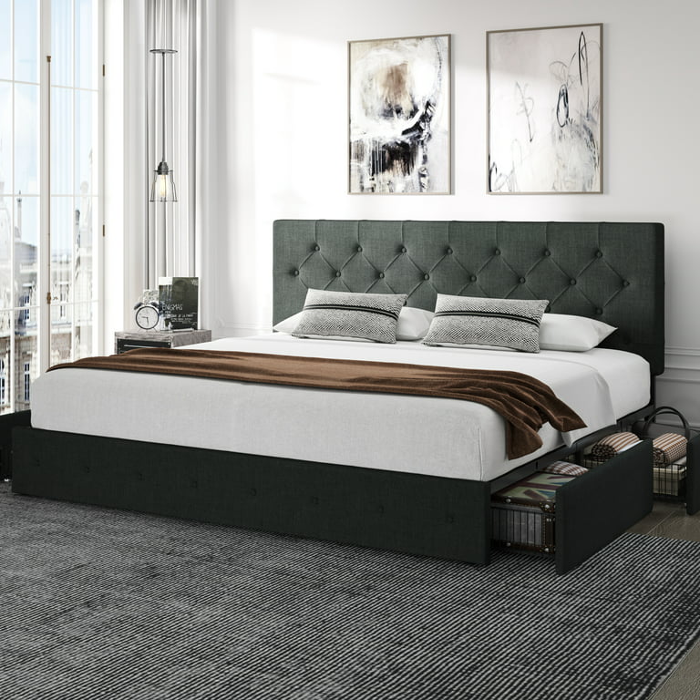 Amolife Queen Size Platform Bed Frame with Headboard and 4 Storage Drawers,  Button Tufted Style, Light Grey, Mattress Not Included