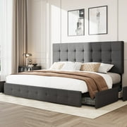 Amolife King Size Platform Bed Frame with Square-stitched Headboard and 4 Drawers, Dark Gray