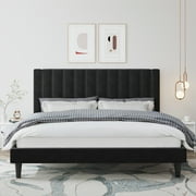 Amolife King Size Platform Bed Frame with Upholstered Velvet Channel Headboard, Black