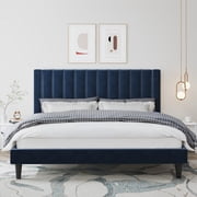 Amolife King Size Platform Bed Frame with Upholstered Velvet Channel Headboard, Heavy Duty & Easy Assembly, Dark Blue
