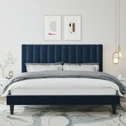Amolife King Size Platform Bed Frame with Upholstered Velvet Channel Headboard, Heavy Duty & Easy Assembly, Dark Blue