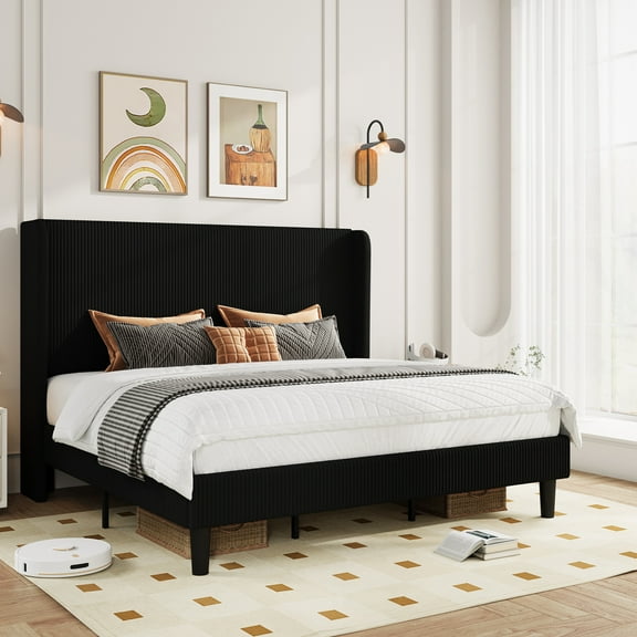 Amolife King Size Platform Bed Frame with Velvet Upholstered Wingback Headboard, Black