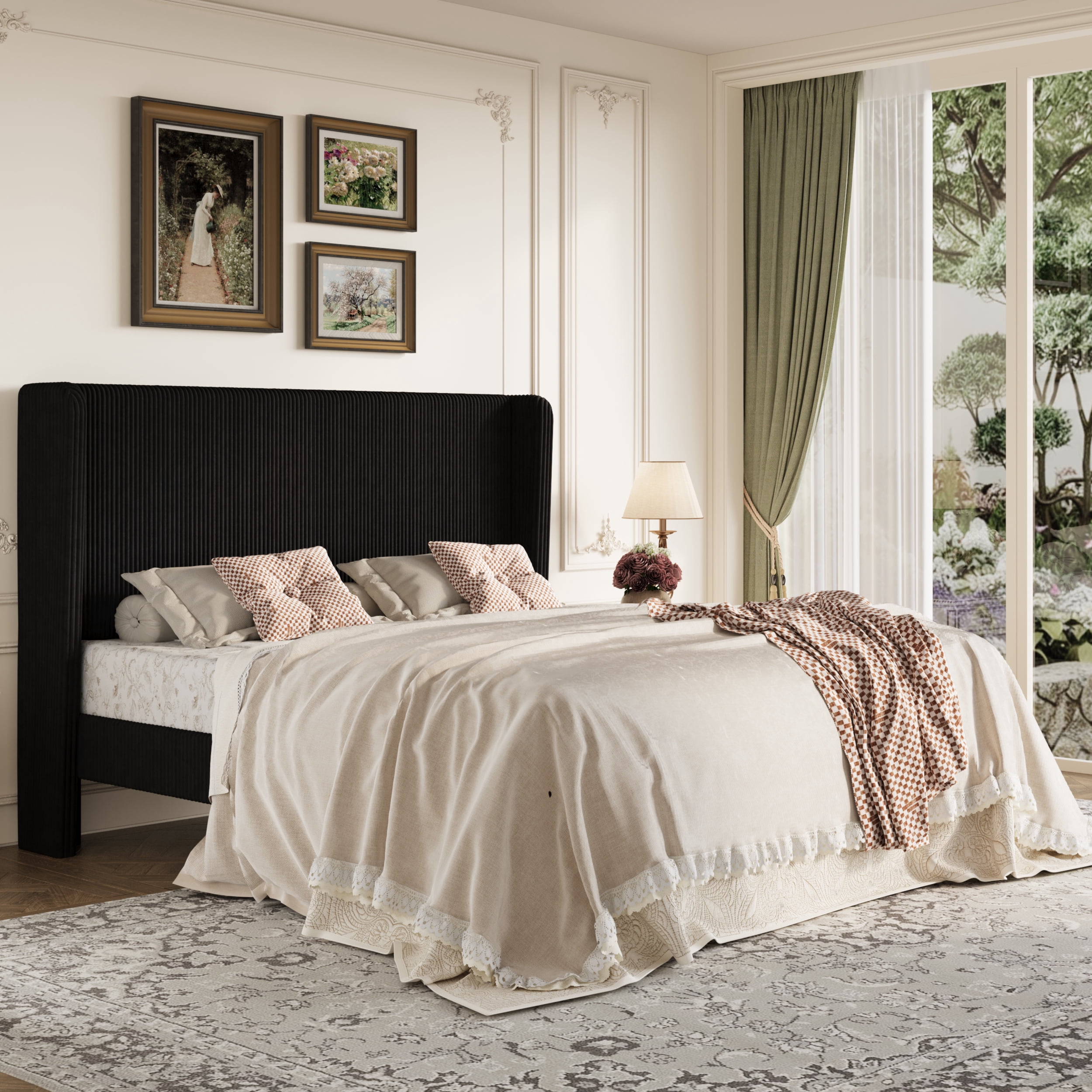 Amolife King Size Platform Bed Frame with Velvet Upholstered Wingback Headboard, Black