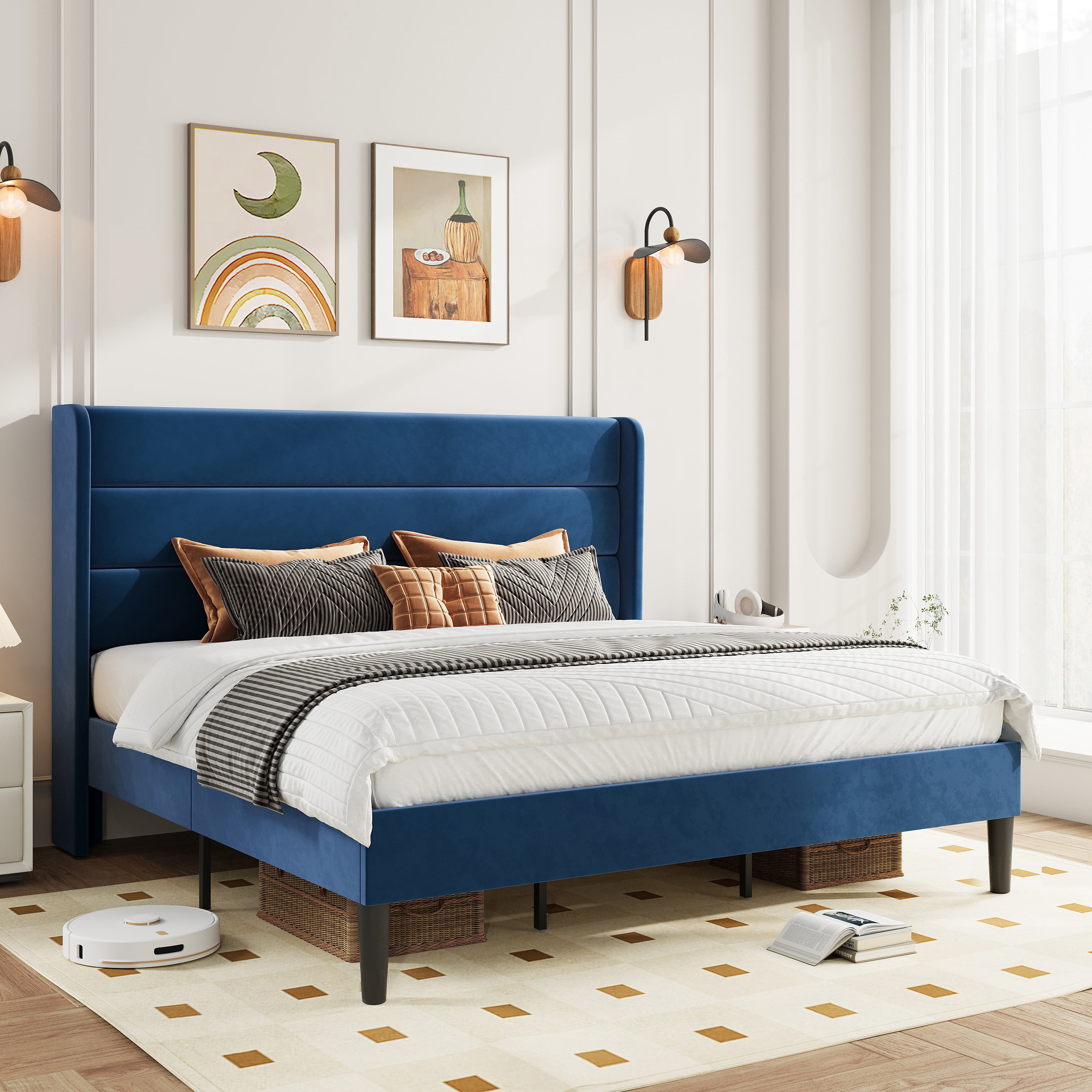 Amolife King Size Platform Bed Frame with Velvet Upholstered Wingback Headboard, No Box Spring Needed, Dark Blue