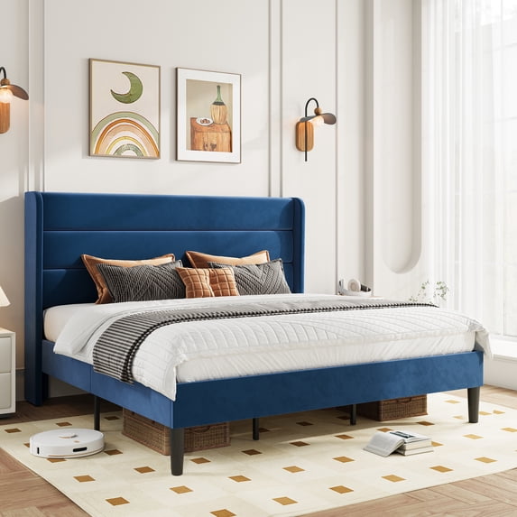Amolife King Size Platform Bed Frame with Velvet Upholstered Wingback Headboard, No Box Spring Needed, Dark Blue