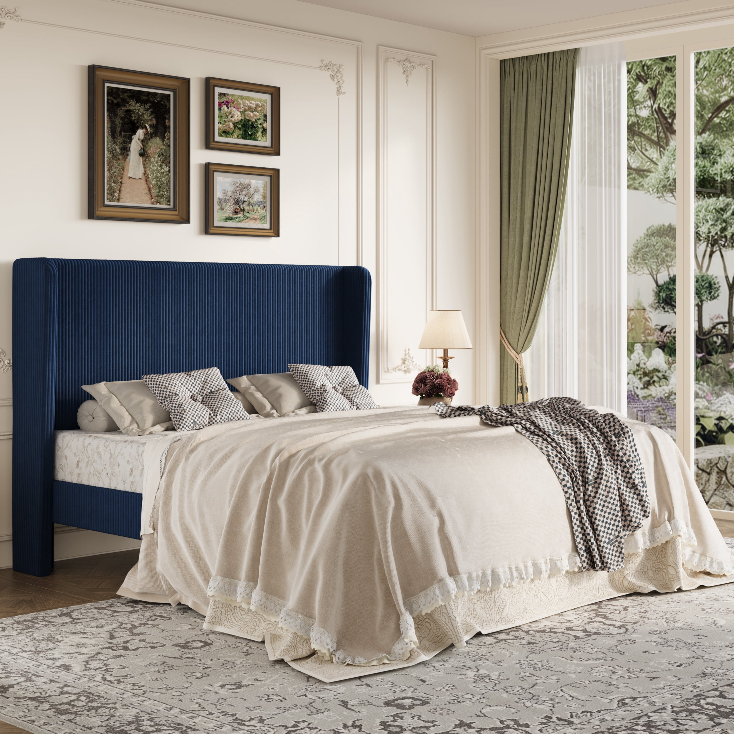 Amolife King Size Platform Bed Frame with Velvet Upholstered Wingback Headboard, Dark Blue