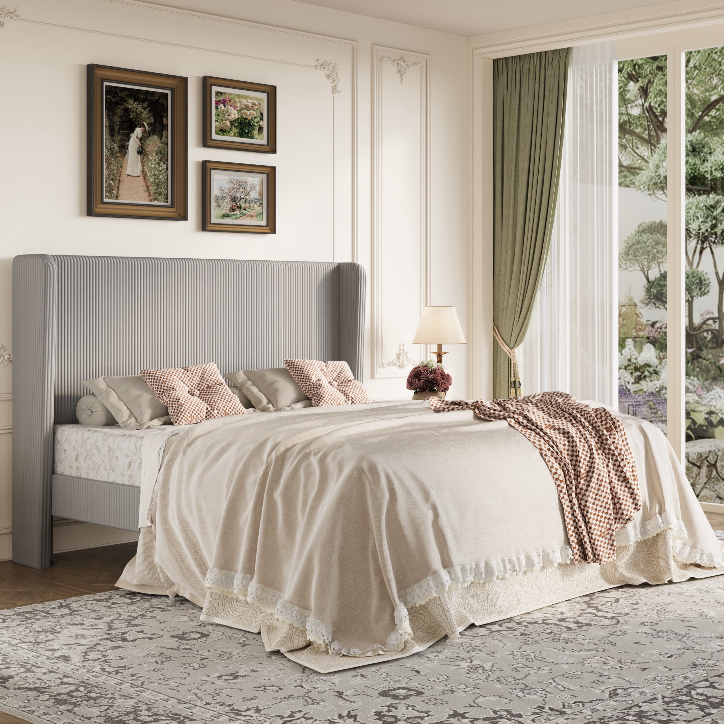 Amolife King Size Platform Bed Frame with Velvet Upholstered Wingback Headboard, Light Gray