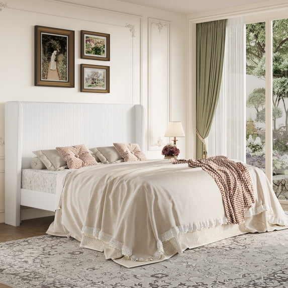 Amolife King Size Platform Bed Frame with Velvet Upholstered Wingback Headboard, Off-White