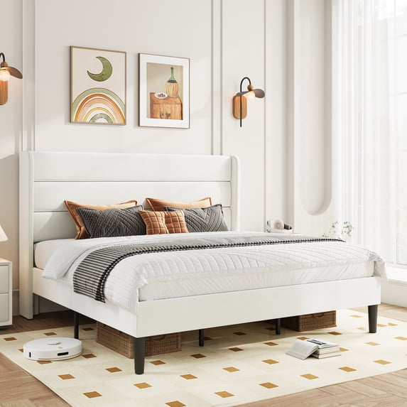 Amolife King Size Platform Bed Frame with Velvet Upholstered Wingback Headboard, No Box Spring Needed, Off-white
