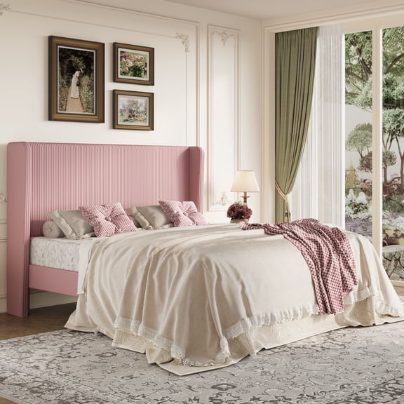 Amolife King Size Platform Bed Frame with Velvet Upholstered Wingback Headboard, Pink
