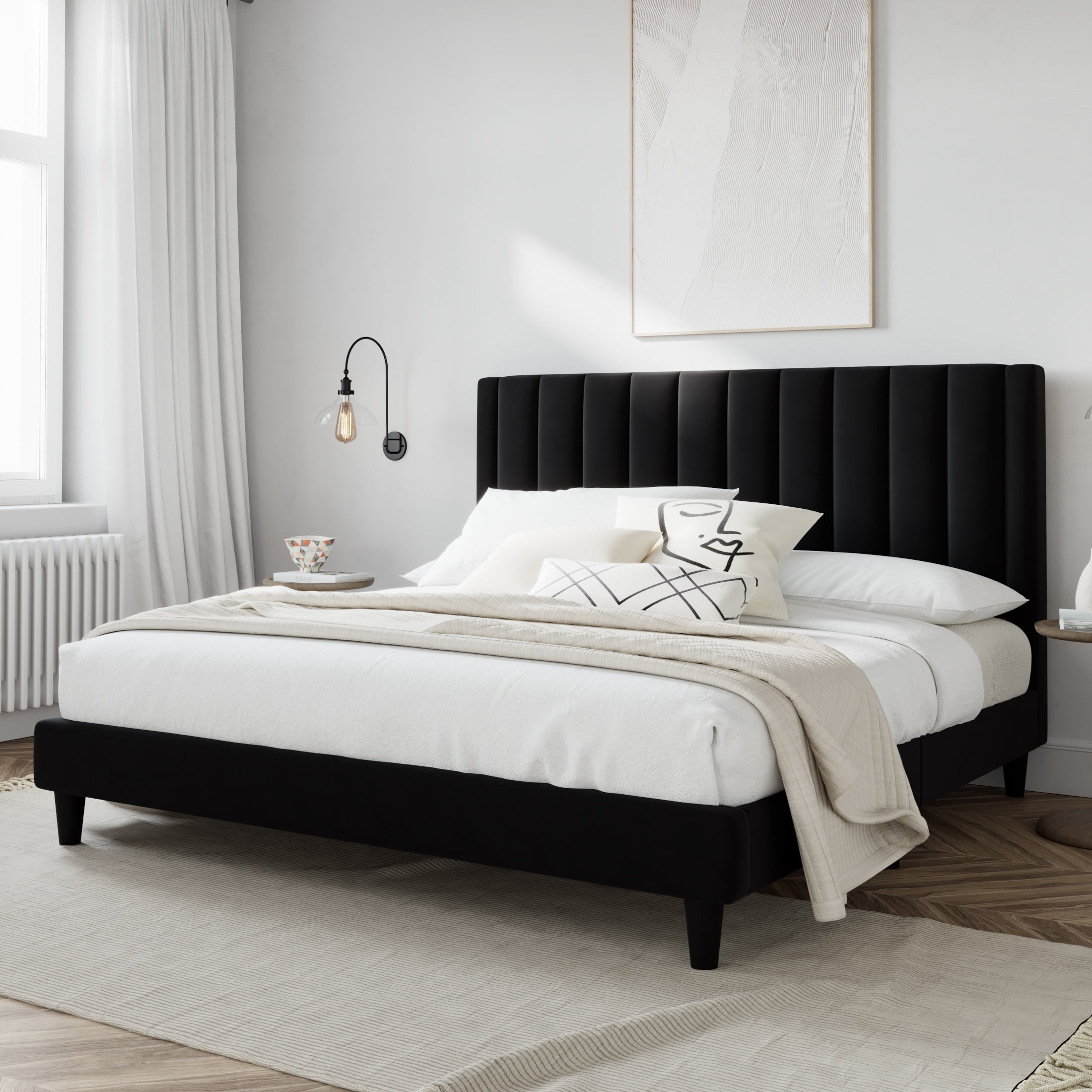 Amolife King Size Platform Upholstered Bed Frame with Velvet Channel ...