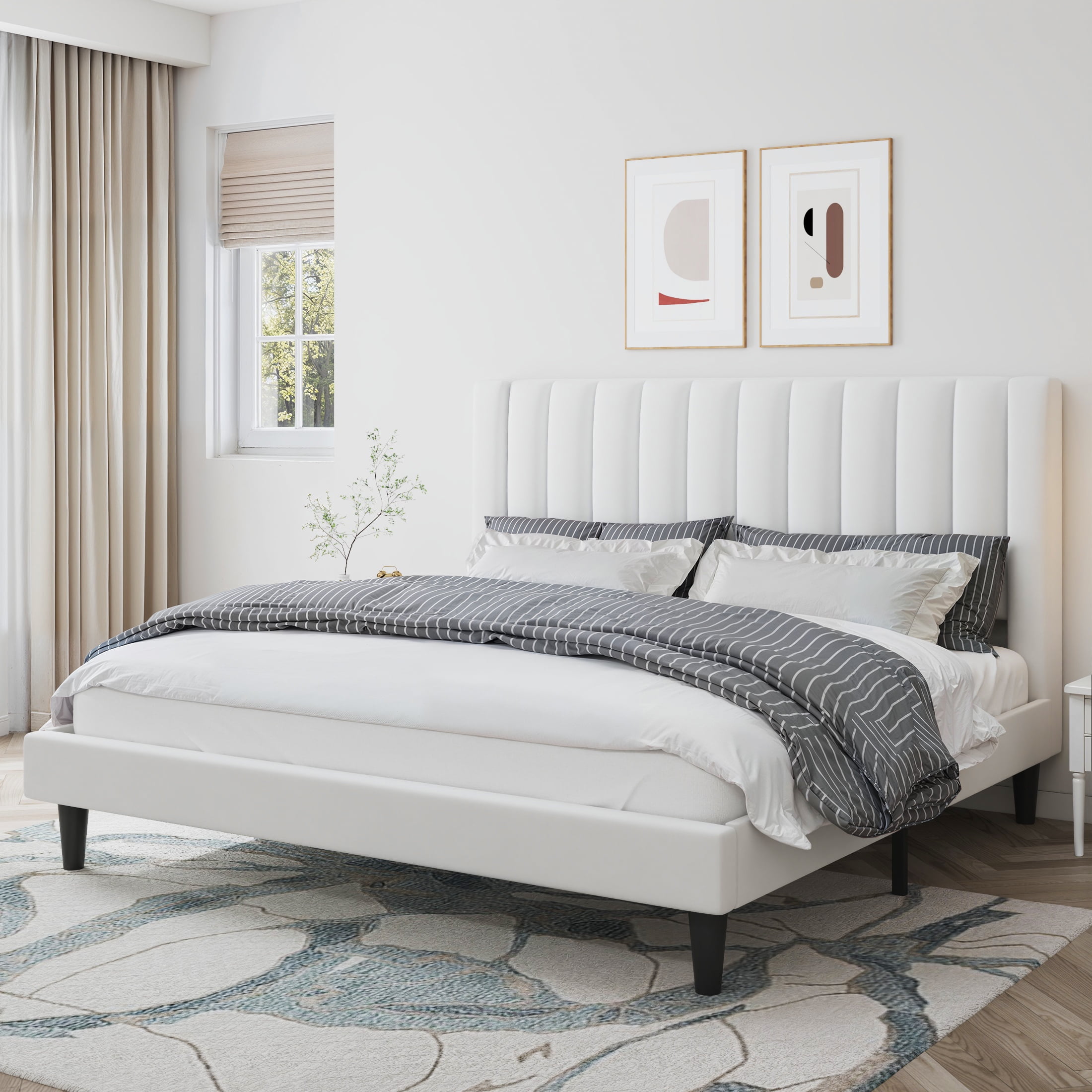 Amolife King Size Platform Upholstered Bed Frame with Velvet Channel