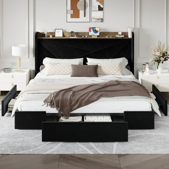 Amolife King Size Storage Bed Frame with Charging Station & 3 Drawers, Velvet Platform Bed with Upholstered Wingback Headboard, 1000 LBS Capacity, Black