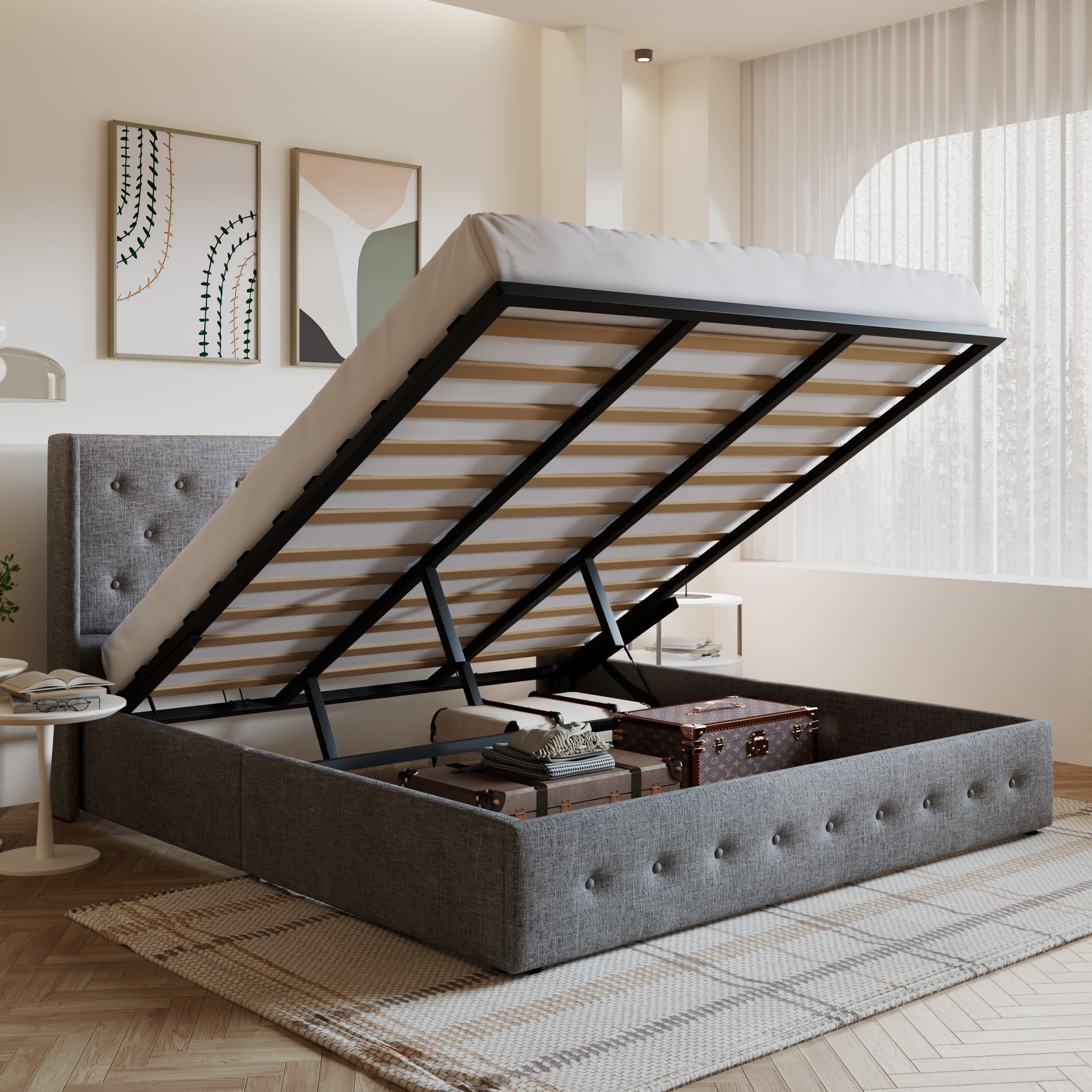 Amolife Upholstery King Size Bed Frame with Padded Linen, Lift Storage