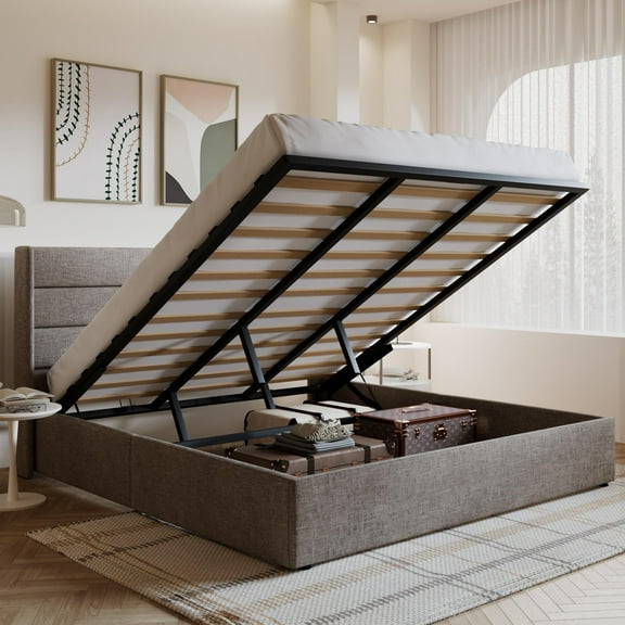 Amolife King Size Bed Frame, Lift Up Storage Platform Bed with Fabric Upholstered Panel Wingback Headboard, Beige