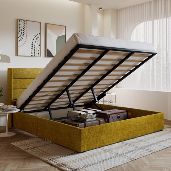 Amolife King Size Upholstered Lift up Storage Platform Bed Frame with Fabric Panel Wingback Headboard, Olive Yellow