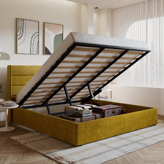Amolife King Size Upholstered Lift up Storage Platform Bed Frame with Fabric Panel Wingback Headboard, Olive Yellow