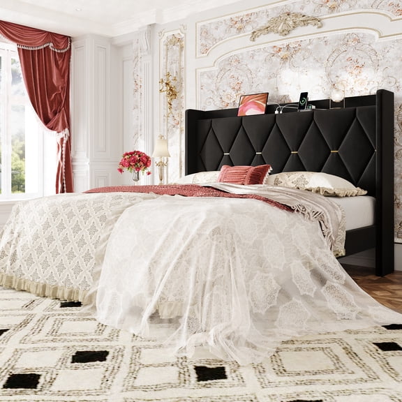 Amolife King Bed Frame, Upholstered Platform Bed with Storage Wingback Headboard and Fast Charging Hub, No Box Spring Required, Black