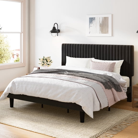 Amolife King Size Upholstered Platform Bed Frame with Adjustable Velvet Headboard, Black