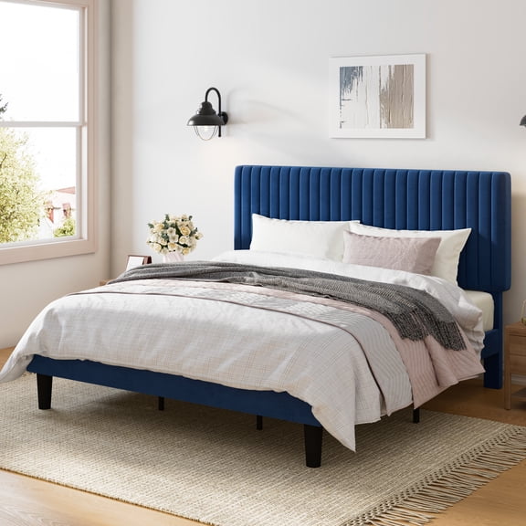 Amolife King Size Upholstered Platform Bed Frame with Adjustable Velvet Headboard, Dark Blue