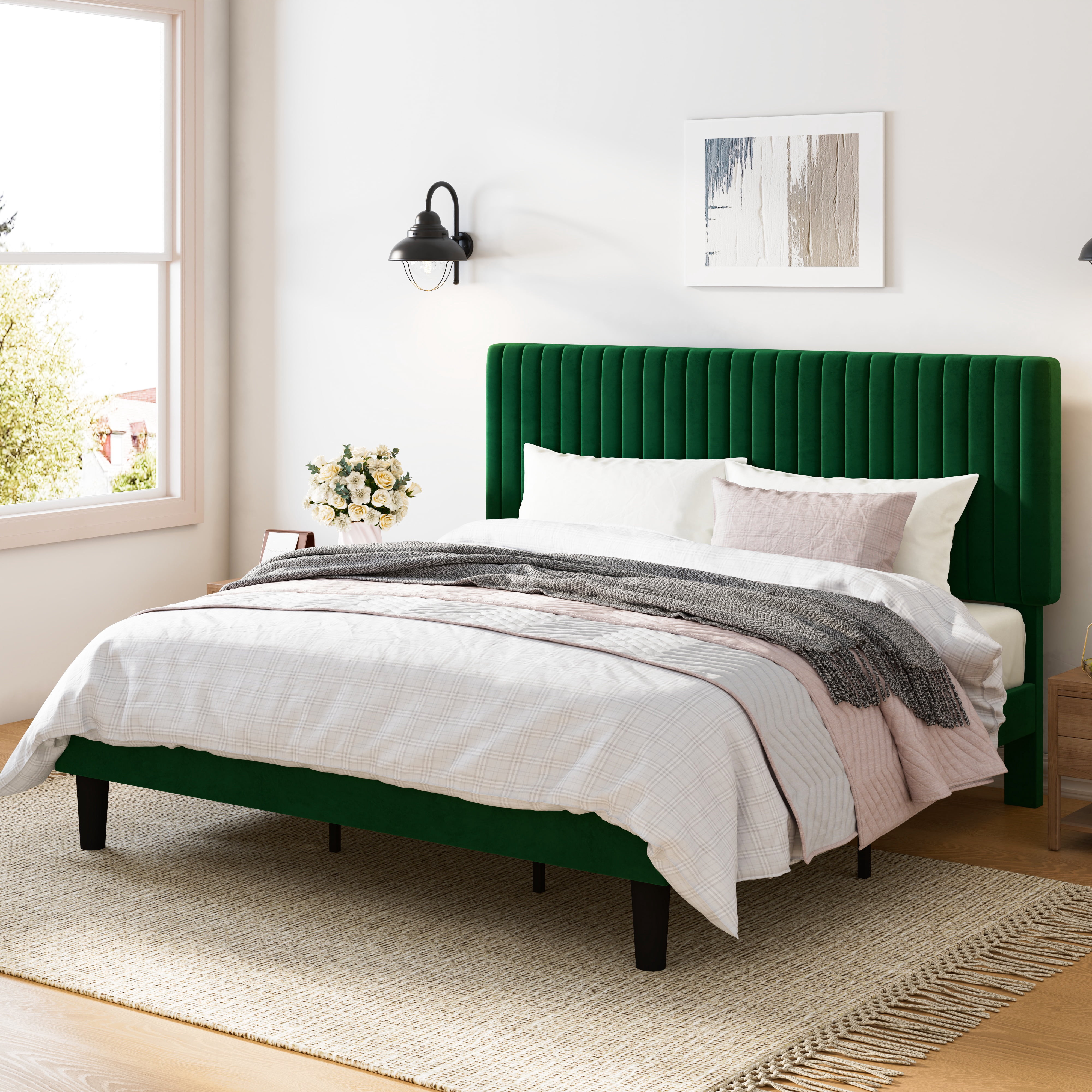 Amolife King Size Upholstered Platform Bed Frame with Adjustable Velvet Headboard, Green