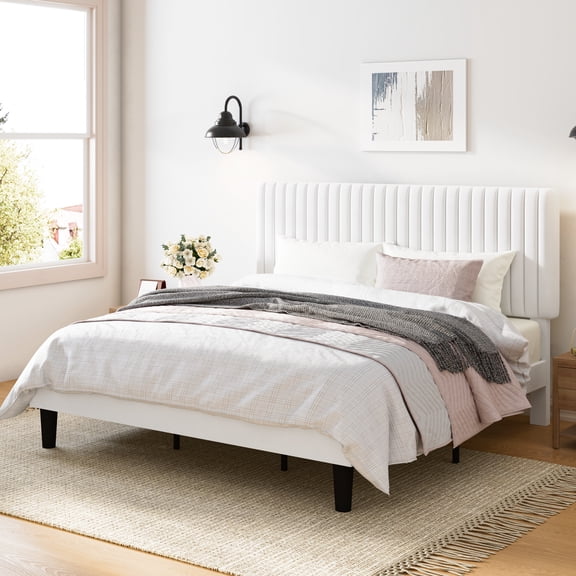 Amolife King Size Upholstered Platform Bed Frame with Adjustable Velvet Headboard, Off-White
