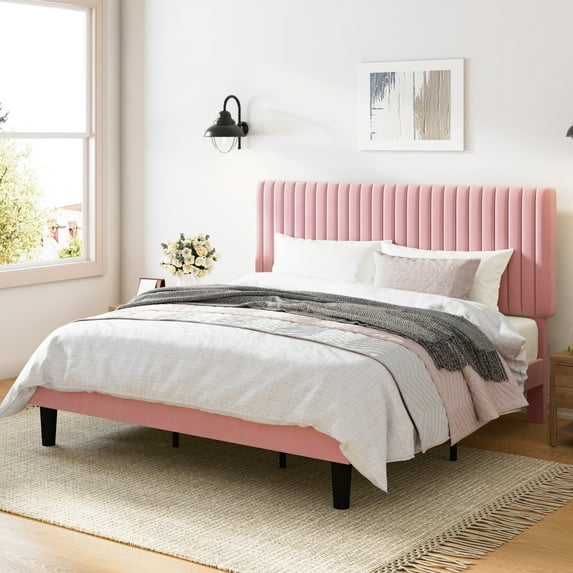 Amolife King Size Upholstered Platform Bed Frame with Adjustable Velvet Headboard, Pink