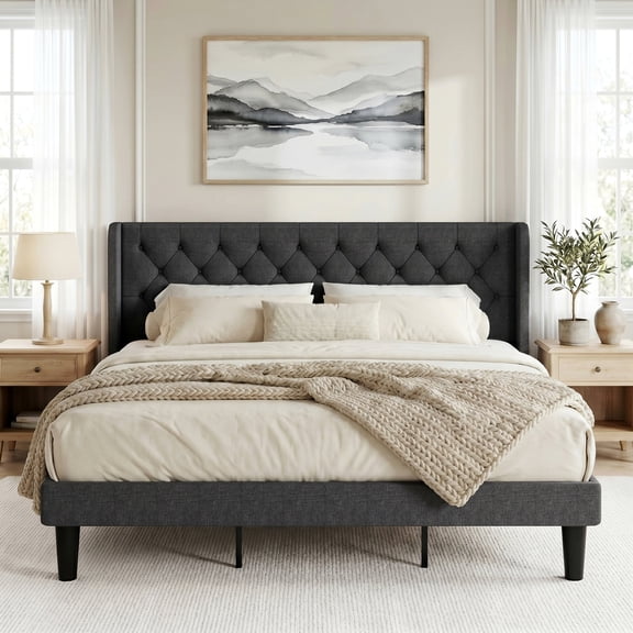 Amolife King Size Upholstered Platform Bed Frame with Fabric Diamond Deluxe Wingback Headboard, Dark Grey