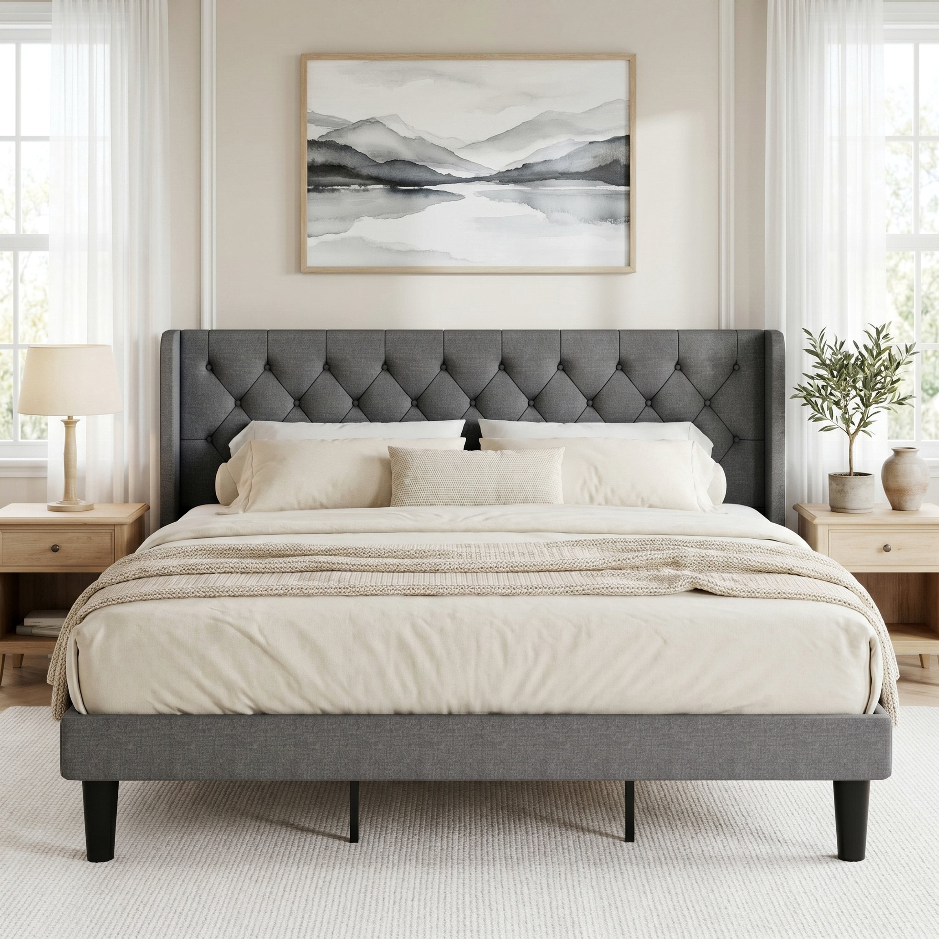 Amolife King Size Upholstered Platform Bed Frame with Fabric Diamond Deluxe Wingback Headboard, Light Grey