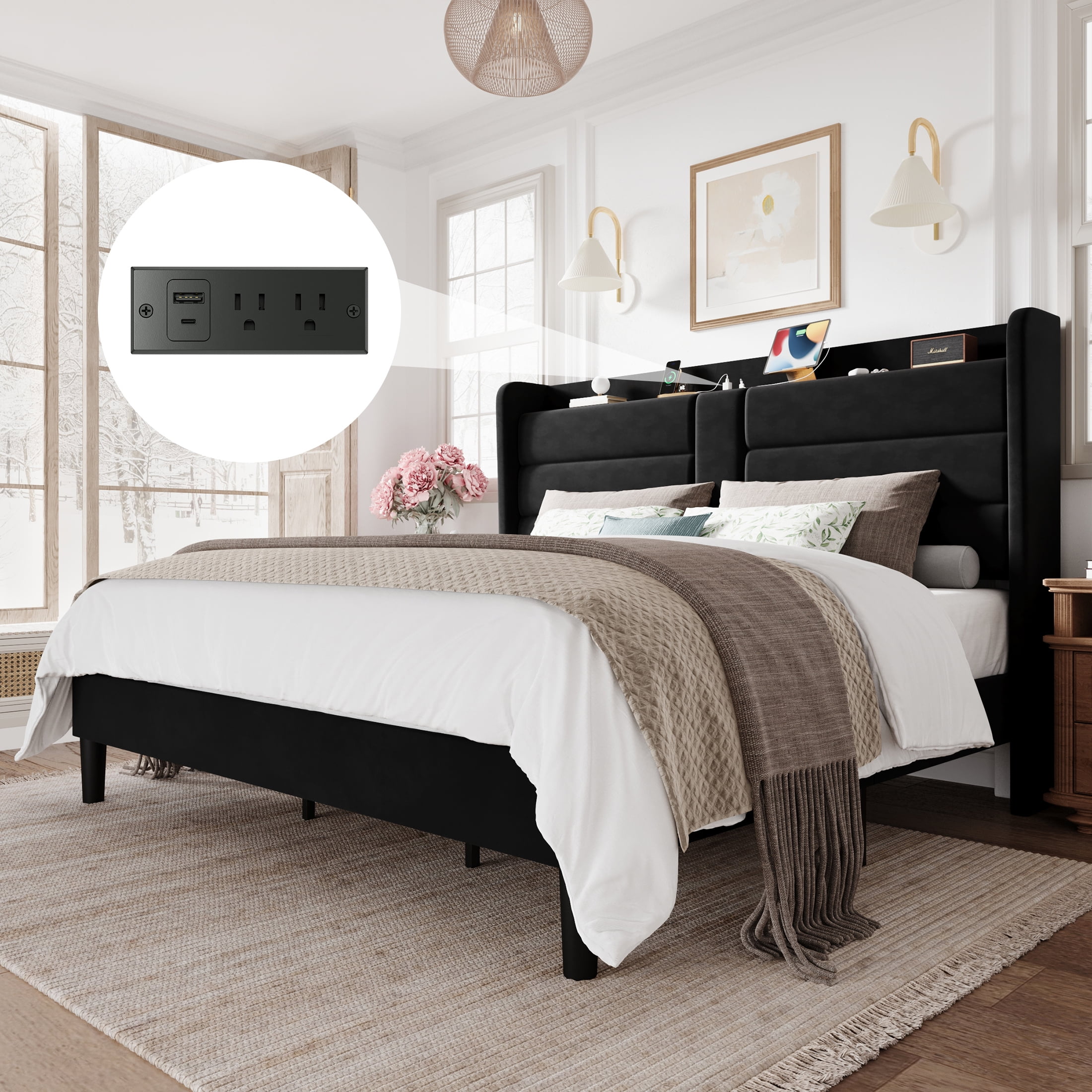 Amolife King Size Upholstered Platform Bed Frame with Velvet Wingback Headboard & USB Charging Ports, No Box Spring Needed, Black