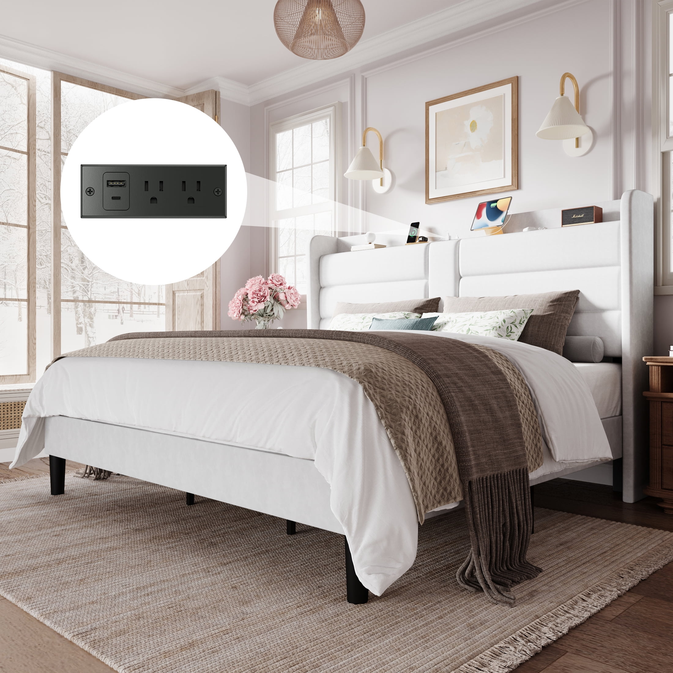 Amolife King Size Upholstered Platform Bed Frame with Velvet Wingback Headboard & USB Charging Ports, No Box Spring Needed, White